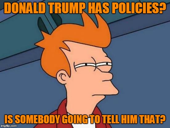 Futurama Fry Meme | DONALD TRUMP HAS POLICIES? IS SOMEBODY GOING TO TELL HIM THAT? | image tagged in memes,futurama fry | made w/ Imgflip meme maker