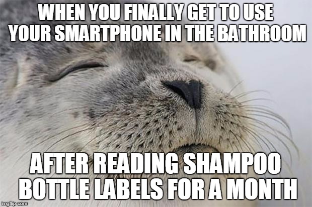 Satisfied Seal Meme | WHEN YOU FINALLY GET TO USE YOUR SMARTPHONE IN THE BATHROOM; AFTER READING SHAMPOO BOTTLE LABELS FOR A MONTH | image tagged in memes,satisfied seal,AdviceAnimals | made w/ Imgflip meme maker