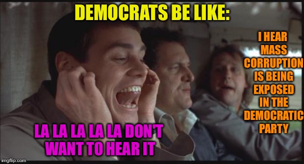 Dumb and Dumber LA LA LA |  I HEAR MASS CORRUPTION IS BEING EXPOSED IN THE DEMOCRATIC PARTY; DEMOCRATS BE LIKE:; LA LA LA LA LA DON'T WANT TO HEAR IT | image tagged in dumb and dumber la la la | made w/ Imgflip meme maker