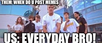 Jake Paul It's Everyday Bro | THEM: WHEN DO U POST MEMES; US: EVERYDAY BRO! | image tagged in jake paul it's everyday bro | made w/ Imgflip meme maker
