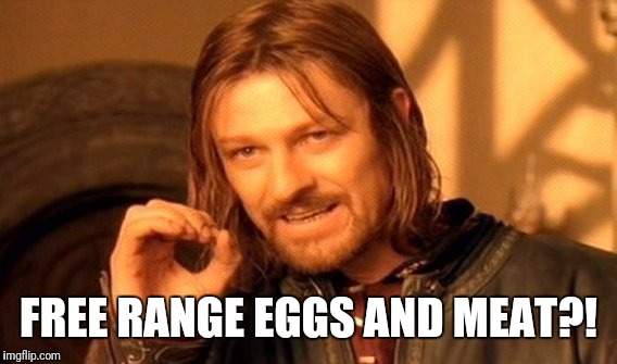 One Does Not Simply Meme | FREE RANGE EGGS AND MEAT?! | image tagged in memes,one does not simply | made w/ Imgflip meme maker
