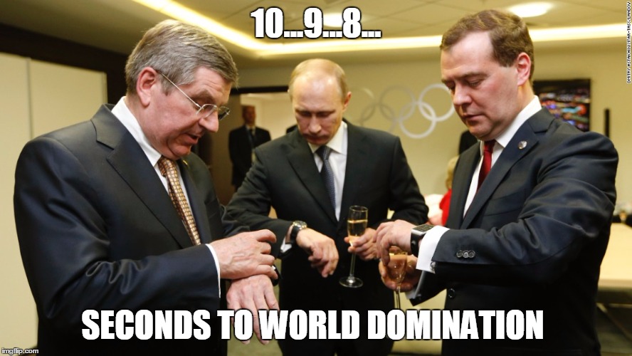 Keep checking those watches... | 10...9...8... SECONDS TO WORLD DOMINATION | image tagged in dmitry medvedev,vladimir putin,watching,world domination | made w/ Imgflip meme maker