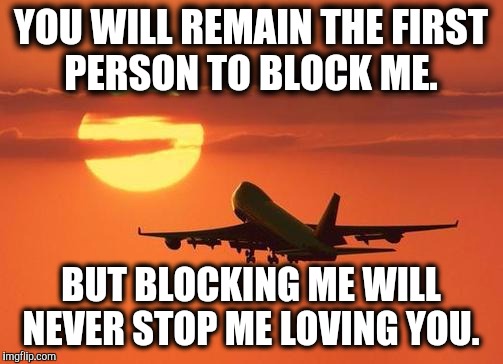 airplanelove | YOU WILL REMAIN THE FIRST PERSON TO BLOCK ME. BUT BLOCKING ME WILL NEVER STOP ME LOVING YOU. | image tagged in airplanelove | made w/ Imgflip meme maker