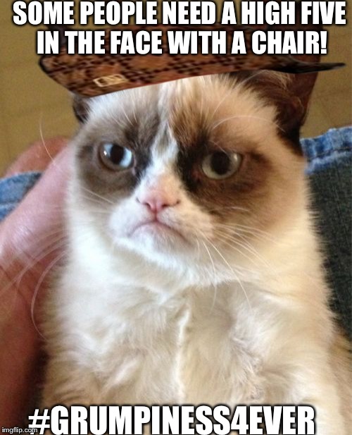 Grumpy Cat Meme | SOME PEOPLE NEED A HIGH FIVE IN THE FACE WITH A CHAIR! #GRUMPINESS4EVER | image tagged in memes,grumpy cat,scumbag | made w/ Imgflip meme maker