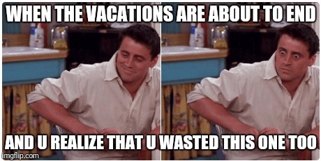 Joey from Friends | WHEN THE VACATIONS ARE ABOUT TO END; AND U REALIZE THAT U WASTED THIS ONE TOO | image tagged in joey from friends | made w/ Imgflip meme maker