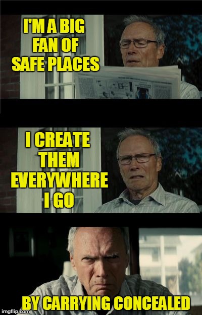 Bad Eastwood Pun | I'M A BIG FAN OF SAFE PLACES; I CREATE THEM EVERYWHERE I GO; BY CARRYING CONCEALED | image tagged in bad eastwood pun | made w/ Imgflip meme maker