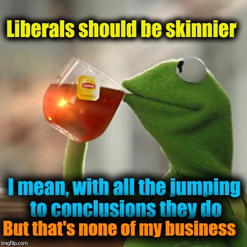 But That's None Of My Business Meme | Liberals should be skinnier; I mean, with all the jumping to conclusions they do; But that's none of my business | image tagged in memes,but thats none of my business,kermit the frog | made w/ Imgflip meme maker
