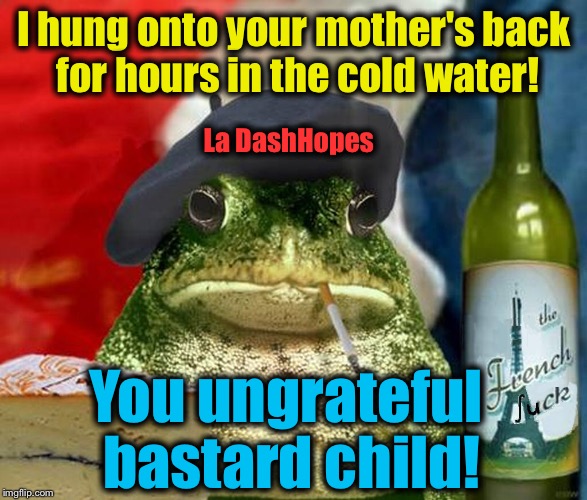I hung onto your mother's back for hours in the cold water! You ungrateful bastard child! La DashHopes | made w/ Imgflip meme maker