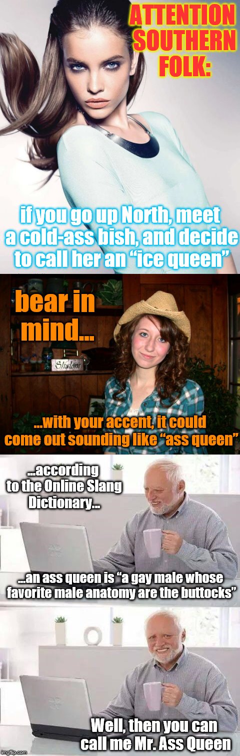 Lost in translation, Part II |  ATTENTION SOUTHERN FOLK:; if you go up North, meet a cold-ass bish, and decide to call her an “ice queen”; bear in mind... ...with your accent, it could come out sounding like “ass queen”; ...according to the Online Slang Dictionary... ...an ass queen is “a gay male whose favorite male anatomy are the buttocks”; Well, then you can call me Mr. Ass Queen | image tagged in memes,funny,phunny,the south,the north,hide the pain harold | made w/ Imgflip meme maker