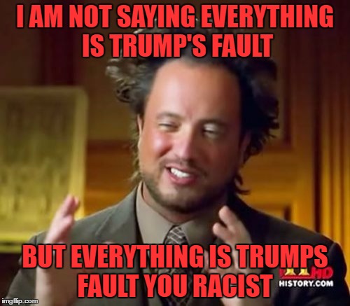 Ancient Aliens | I AM NOT SAYING EVERYTHING IS TRUMP'S FAULT; BUT EVERYTHING IS TRUMPS FAULT YOU RACIST | image tagged in memes,ancient aliens | made w/ Imgflip meme maker