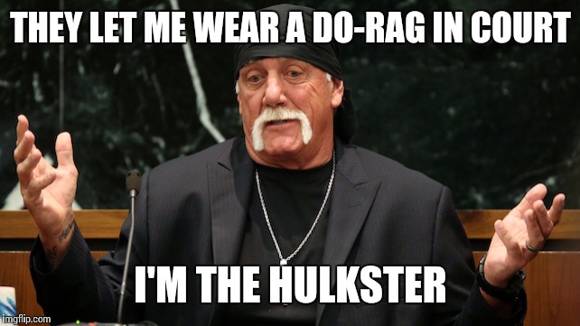 Plus, I win big | THEY LET ME WEAR A DO-RAG IN COURT; I'M THE HULKSTER | image tagged in confused hulk hogan,memes,legend | made w/ Imgflip meme maker