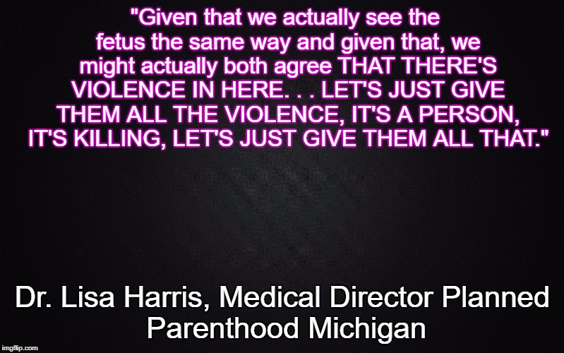 Solid Black Background | "Given that we actually see the fetus the same way and given that, we might actually both agree
THAT THERE'S VIOLENCE IN HERE. . . LET'S JUST GIVE THEM ALL THE VIOLENCE, IT'S A PERSON, IT'S KILLING, LET'S JUST GIVE THEM ALL THAT."; Dr. Lisa Harris, Medical Director
Planned Parenthood Michigan | image tagged in solid black background | made w/ Imgflip meme maker