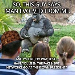 SO, THIS GUY SAYS, MAN EVOLVED FROM ME. AND I'M LIKE, NO WAY, JOSE! HAVE YOU SEEN THE FAKE NEWS NETWORKS GO AT THEIR OWN PRESIDENT? | image tagged in harembe,scumbag | made w/ Imgflip meme maker