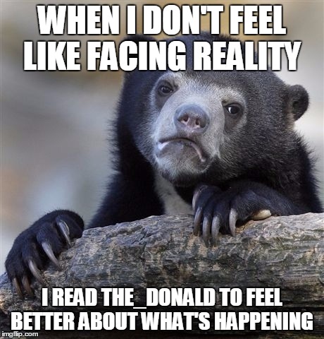 Confession Bear | WHEN I DON'T FEEL LIKE FACING REALITY; I READ THE_DONALD TO FEEL BETTER ABOUT WHAT'S HAPPENING | image tagged in memes,confession bear,AdviceAnimals | made w/ Imgflip meme maker