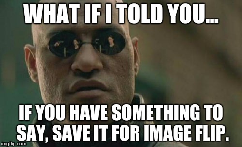 Matrix Morpheus Meme | WHAT IF I TOLD YOU... IF YOU HAVE SOMETHING TO SAY, SAVE IT FOR IMAGE FLIP. | image tagged in memes,matrix morpheus | made w/ Imgflip meme maker