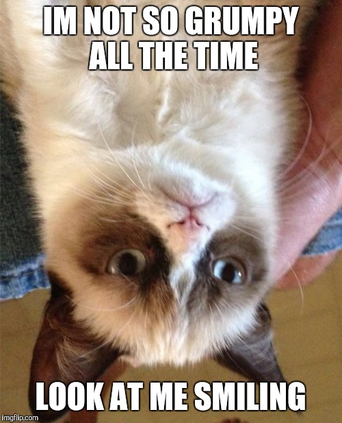 Grumpy Cat Meme | IM NOT SO GRUMPY ALL THE TIME; LOOK AT ME SMILING | image tagged in memes,grumpy cat | made w/ Imgflip meme maker