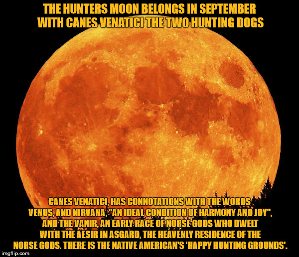 The hunters moon belongs with Canes Venatici. | THE HUNTERS MOON BELONGS IN SEPTEMBER WITH CANES VENATICI
THE TWO HUNTING DOGS; CANES VENATICI, HAS CONNOTATIONS WITH THE WORDS VENUS, AND NIRVANA, "AN IDEAL CONDITION OF HARMONY AND JOY", AND THE VANIR, AN EARLY RACE OF NORSE GODS WHO DWELT WITH THE AESIR IN ASGARD, THE HEAVENLY RESIDENCE OF THE NORSE GODS. THERE IS THE NATIVE AMERICAN'S 'HAPPY HUNTING GROUNDS'. | image tagged in moon,hunter,astrology,golden moon,golden wolves | made w/ Imgflip meme maker