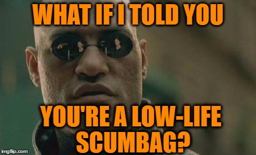 Matrix Morpheus Meme | WHAT IF I TOLD YOU YOU'RE A LOW-LIFE SCUMBAG? | image tagged in memes,matrix morpheus | made w/ Imgflip meme maker