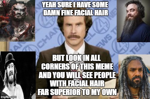 Ron Burgundy Meme | YEAH SURE I HAVE SOME DAMN FINE FACIAL HAIR; BUT LOOK IN ALL CORNERS OF THIS MEME AND YOU WILL SEE PEOPLE WITH FACIAL HAIR FAR SUPERIOR TO MY OWN | image tagged in memes,ron burgundy | made w/ Imgflip meme maker