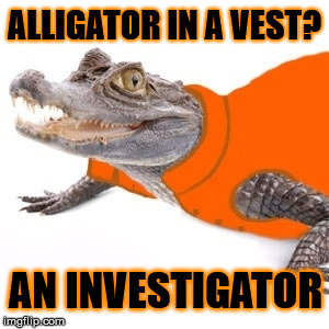 If an alligator with GPS is a Navi-gator, what is an...? | ALLIGATOR IN A VEST? AN INVESTIGATOR | image tagged in alligator,joke | made w/ Imgflip meme maker
