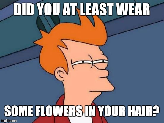 Futurama Fry Meme | DID YOU AT LEAST WEAR SOME FLOWERS IN YOUR HAIR? | image tagged in memes,futurama fry | made w/ Imgflip meme maker