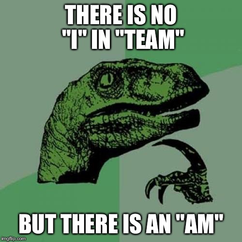 Philosoraptor Meme | THERE IS NO "I" IN "TEAM"; BUT THERE IS AN "AM" | image tagged in memes,philosoraptor | made w/ Imgflip meme maker