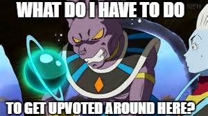 WHAT DO I HAVE TO DO; TO GET UPVOTED AROUND HERE? | image tagged in bad news beerus | made w/ Imgflip meme maker