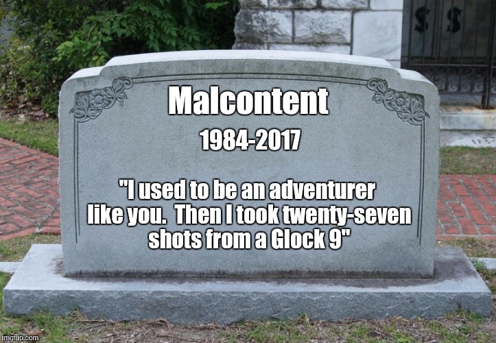 Malcontent 1984-2017 "I used to be an adventurer like you.  Then I took twenty-seven shots from a Glock 9" | made w/ Imgflip meme maker
