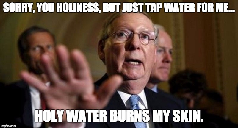 MITCHIE DECLINES... | SORRY, YOU HOLINESS, BUT JUST TAP WATER FOR ME... HOLY WATER BURNS MY SKIN. | image tagged in mitchie declines | made w/ Imgflip meme maker