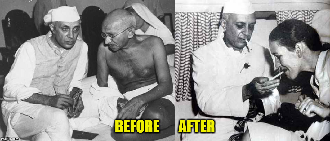 BEFORE       AFTER | image tagged in kedar joshi,nehru,gandhi,before and after | made w/ Imgflip meme maker