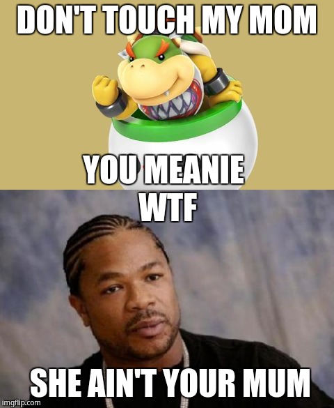 If Peach was Bowser Jr's mom | DON'T TOUCH MY MOM; YOU MEANIE; WTF; SHE AIN'T YOUR MUM | image tagged in bowser jr,serious xzibit,xzibit | made w/ Imgflip meme maker