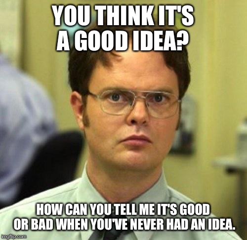False | YOU THINK IT'S A GOOD IDEA? HOW CAN YOU TELL ME IT'S GOOD OR BAD WHEN YOU'VE NEVER HAD AN IDEA. | image tagged in false | made w/ Imgflip meme maker