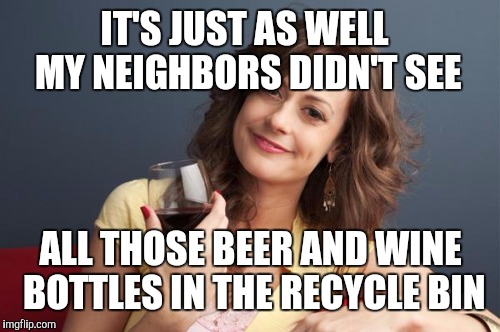 IT'S JUST AS WELL MY NEIGHBORS DIDN'T SEE ALL THOSE BEER AND WINE BOTTLES IN THE RECYCLE BIN | made w/ Imgflip meme maker