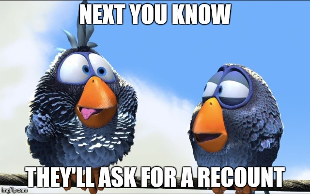 Trumpy Birds | NEXT YOU KNOW; THEY'LL ASK FOR A RECOUNT | image tagged in blue birds,memes,funny,trump,birds,recount | made w/ Imgflip meme maker