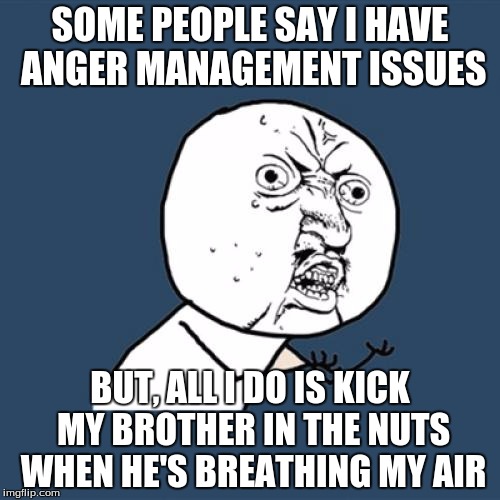Y U No | SOME PEOPLE SAY I HAVE ANGER MANAGEMENT ISSUES; BUT, ALL I DO IS KICK MY BROTHER IN THE NUTS WHEN HE'S BREATHING MY AIR | image tagged in memes,y u no,anger management | made w/ Imgflip meme maker