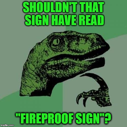 Philosoraptor Meme | SHOULDN'T THAT SIGN HAVE READ "FIREPROOF SIGN"? | image tagged in memes,philosoraptor | made w/ Imgflip meme maker