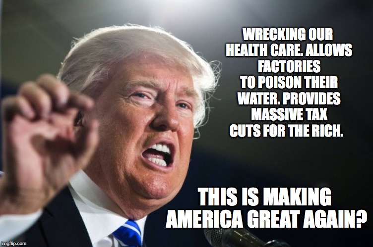 donald trump | WRECKING OUR HEALTH CARE.
ALLOWS FACTORIES TO POISON THEIR WATER.
PROVIDES MASSIVE TAX CUTS FOR THE RICH. THIS IS MAKING AMERICA GREAT AGAIN? | image tagged in donald trump | made w/ Imgflip meme maker