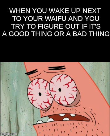 Good or Bad? | WHEN YOU WAKE UP NEXT TO YOUR WAIFU AND YOU TRY TO FIGURE OUT IF IT'S A GOOD THING OR A BAD THING | image tagged in spongebob,patrick,sleep,question,lol,funny | made w/ Imgflip meme maker