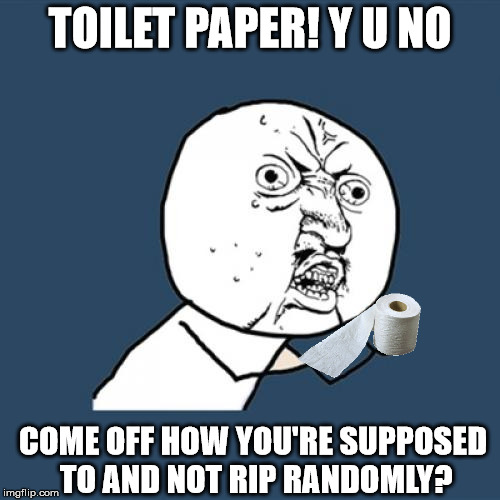 Does anyone else have this problem? It has the perforations so that it can come off in squares, not rip! | TOILET PAPER! Y U NO; COME OFF HOW YOU'RE SUPPOSED TO AND NOT RIP RANDOMLY? | image tagged in memes,y u no,toilet paper | made w/ Imgflip meme maker