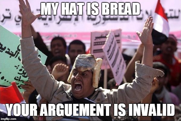 My Hat Is Bread | MY HAT IS BREAD YOUR ARGUEMENT IS INVALID | image tagged in my hat is bread | made w/ Imgflip meme maker