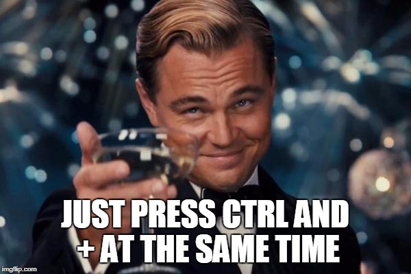 Leonardo Dicaprio Cheers Meme | JUST PRESS CTRL AND + AT THE SAME TIME | image tagged in memes,leonardo dicaprio cheers | made w/ Imgflip meme maker