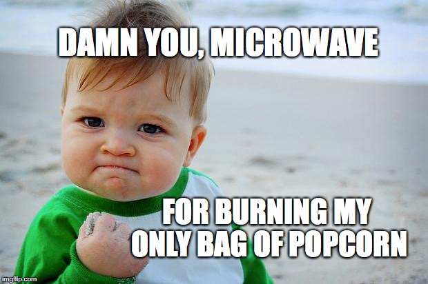 I hate sandcastles | DAMN YOU, MICROWAVE; FOR BURNING MY ONLY BAG OF POPCORN | image tagged in i hate sandcastles | made w/ Imgflip meme maker