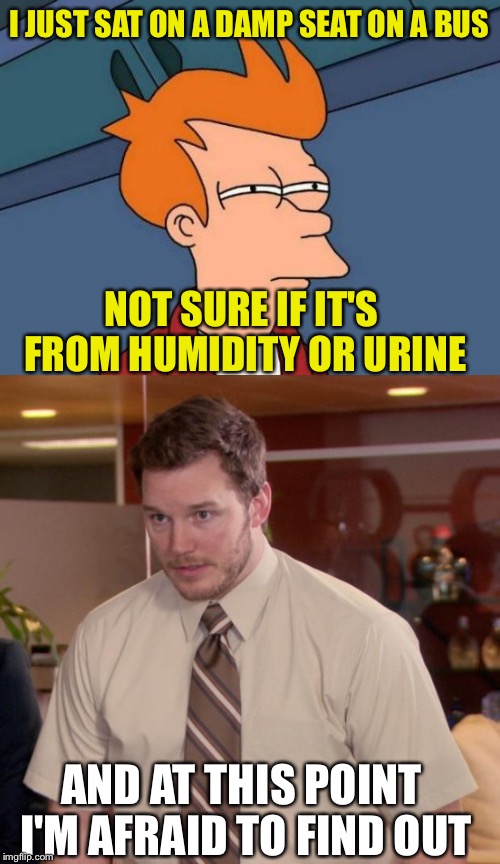 Fricking gross. Good thing I'm heading home. | I JUST SAT ON A DAMP SEAT ON A BUS; NOT SURE IF IT'S FROM HUMIDITY OR URINE; AND AT THIS POINT I'M AFRAID TO FIND OUT | image tagged in memes,futurama fry,afraid to ask andy,gross | made w/ Imgflip meme maker