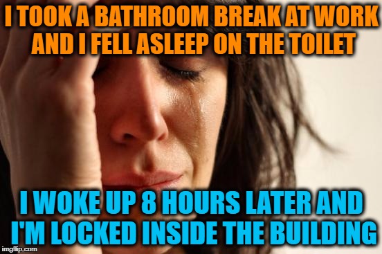 First World Problems Meme | I TOOK A BATHROOM BREAK AT WORK AND I FELL ASLEEP ON THE TOILET; I WOKE UP 8 HOURS LATER AND I'M LOCKED INSIDE THE BUILDING | image tagged in memes,first world problems | made w/ Imgflip meme maker