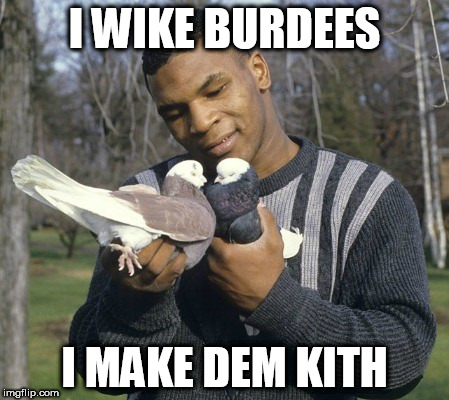 Mike Tyson | I WIKE BURDEES; I MAKE DEM KITH | image tagged in mike tyson | made w/ Imgflip meme maker