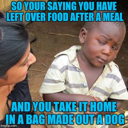 Third World Skeptical Kid Meme | SO YOUR SAYING YOU HAVE LEFT OVER FOOD AFTER A MEAL; AND YOU TAKE IT HOME IN A BAG MADE OUT A DOG | image tagged in memes,third world skeptical kid | made w/ Imgflip meme maker