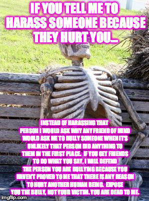 Waiting Skeleton | IF YOU TELL ME TO HARASS SOMEONE BECAUSE THEY HURT YOU... INSTEAD OF HARASSING THAT PERSON I WOULD ASK WHY ANY FRIEND OF MIND WOULD ASK ME TO BULLY SOMEONE WHEN IT'S UNLIKELY THAT PERSON DID ANYTHING TO THEM IN THE FIRST PLACE.  IF YOU GET FRIENDS TO DO WHAT YOU SAY, I WILL DEFEND THE PERSON YOU ARE BULLYING BECAUSE YOU HAVEN'T PROVED TO ME THAT THERE IS ANY REASON TO HURT ANOTHER HUMAN BEING.  EXPOSE YOU THE BULLY, NOT YOUR VICTIM. YOU ARE DEAD TO ME. | image tagged in memes,waiting skeleton | made w/ Imgflip meme maker