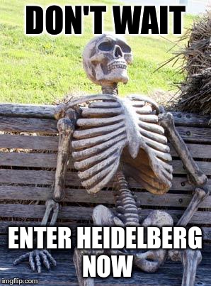 Waiting Skeleton | DON'T WAIT; ENTER HEIDELBERG NOW | image tagged in memes,waiting skeleton | made w/ Imgflip meme maker