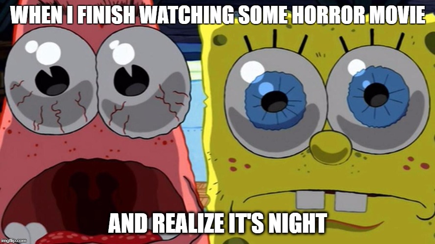 spongebob and patrick | WHEN I FINISH WATCHING SOME HORROR MOVIE; AND REALIZE IT'S NIGHT | image tagged in spongebob and patrick | made w/ Imgflip meme maker