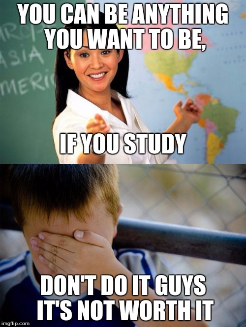 YOU CAN BE ANYTHING YOU WANT TO BE, IF YOU STUDY; DON'T DO IT GUYS IT'S NOT WORTH IT | image tagged in study crap | made w/ Imgflip meme maker